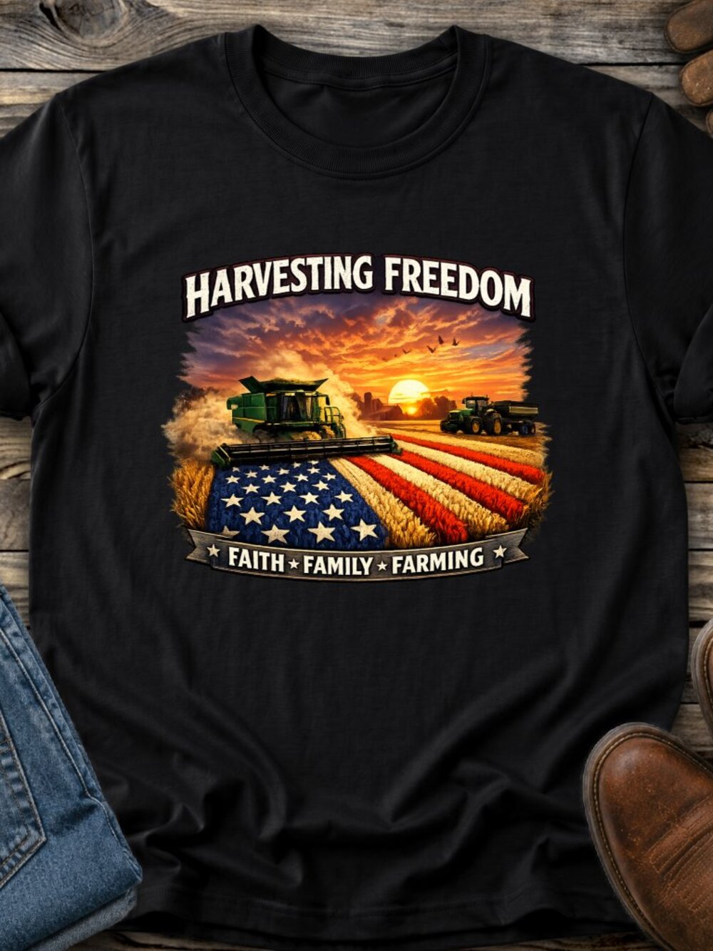 Harvesting Freedom USA Flag TShirt Graphic Tee Country Farm Crop Combine Tractor